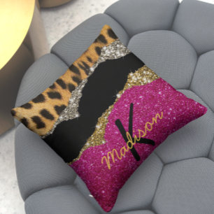 Coussin Élégant poster de animal rose brillant monogramme