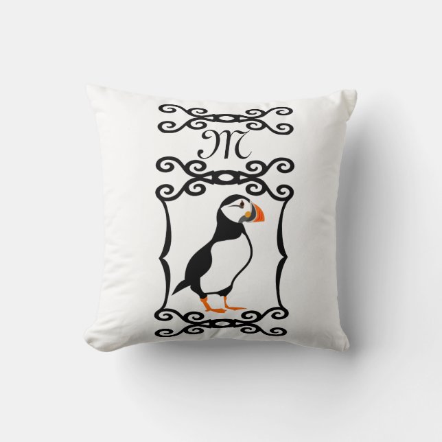 Coussin Elégant Puffin dans un Monogramme de cadre de fer  (Recto)