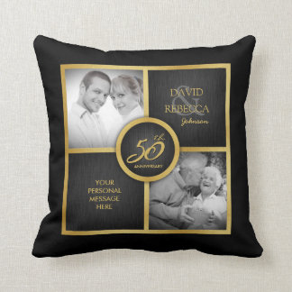 Coussin Élégant "puis et maintenant" noir et mariage d'or