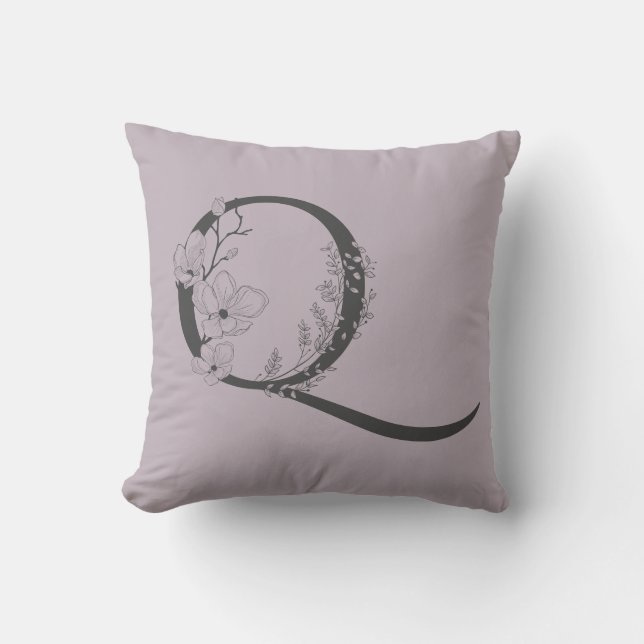 Coussin Élégant Q Boho Floral Monogramme initial Lilac Gre (Recto)