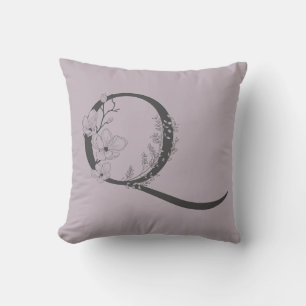 Coussin Élégant Q Boho Floral Monogramme Initial Lilac Gri