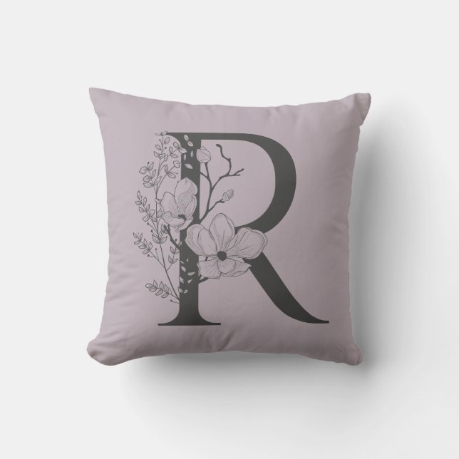 Coussin Élégant R Boho Floral Monogramme initial Lilac Gre (Recto)