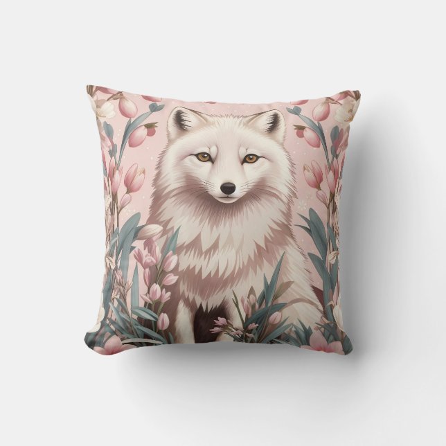 Coussin Élégant Renard Arctique Floral Rose (Recto)