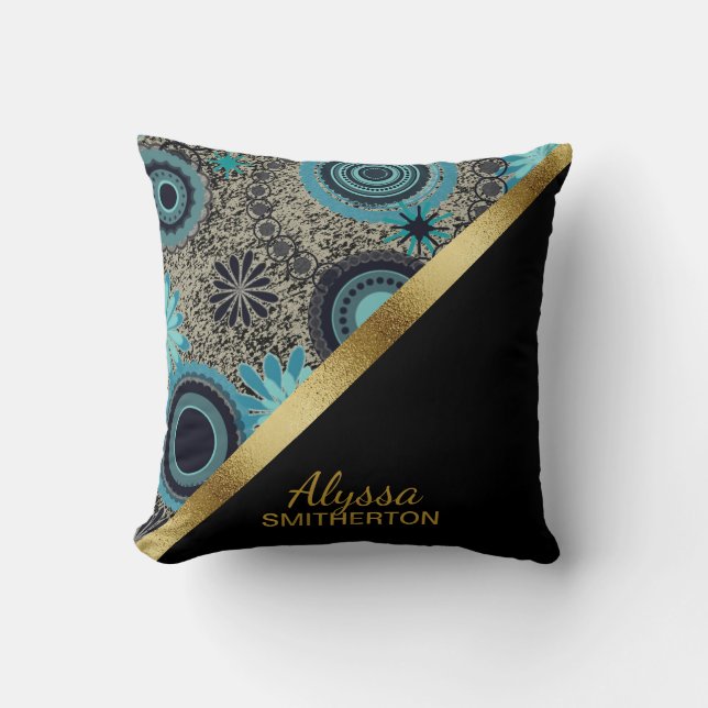 Coussin Élégant Rétro Sarcelle Noir Or Personnalisé (Recto)