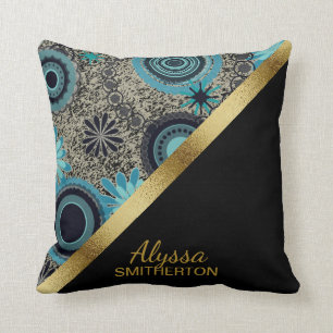Coussin Élégant Rétro Sarcelle Noir Or Personnalisé