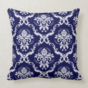 Coussin Elégant Reversible Navy bleu & blanc Floral Damask
