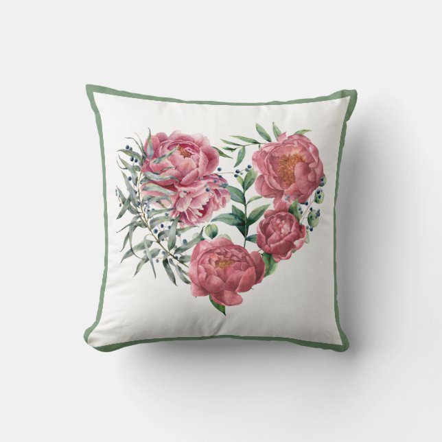 Coussin Elégant rose Aquarelle Peonies Verdure Wreath (Recto)