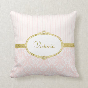 Coussin Elégant rose Damask Vintage Gold Frame et nom