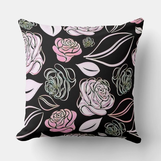 Coussin Élégant rose et noir Rose et Feuille (Recto)