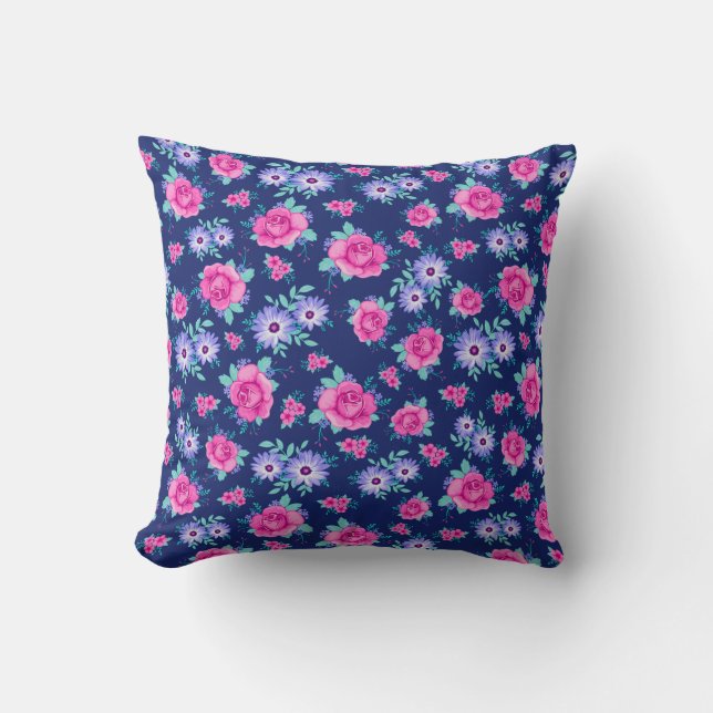 Coussin Élégant Rose Floral rose violet Motif bleu (Recto)