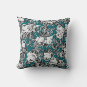 Coussin Élégant Rose noir Vintage sur bleu Turquoise