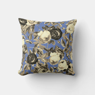 Coussin Elégant Roses Vintage or beige sur bleu