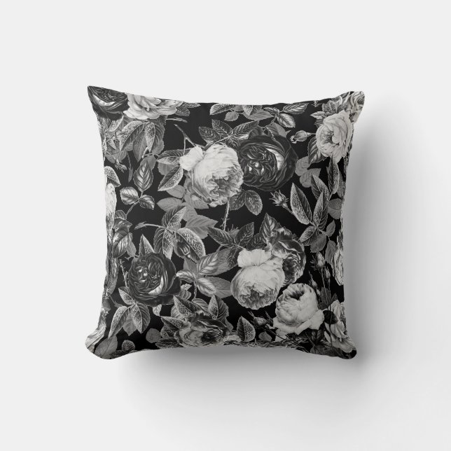 Coussin Élégant Roses Vintages noirs blancs sur noir (Recto)