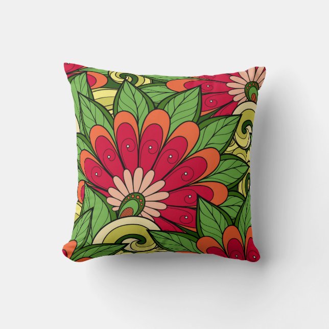 Coussin Elégant Rouge Orange Vert Fleurs Et Fleurs (Recto)