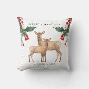 COUSSIN ÉLÉGANT ROUGE VERT HOLLY BERRY DEER DUO NOËL
