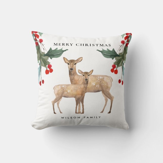 COUSSIN ÉLÉGANT ROUGE VERT HOLLY BERRY DEER DUO NOËL (Recto)