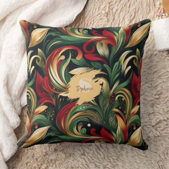 Coussin Élégant Rouge, Vert & Or Abstrait Feuilles de marg (Couverture)