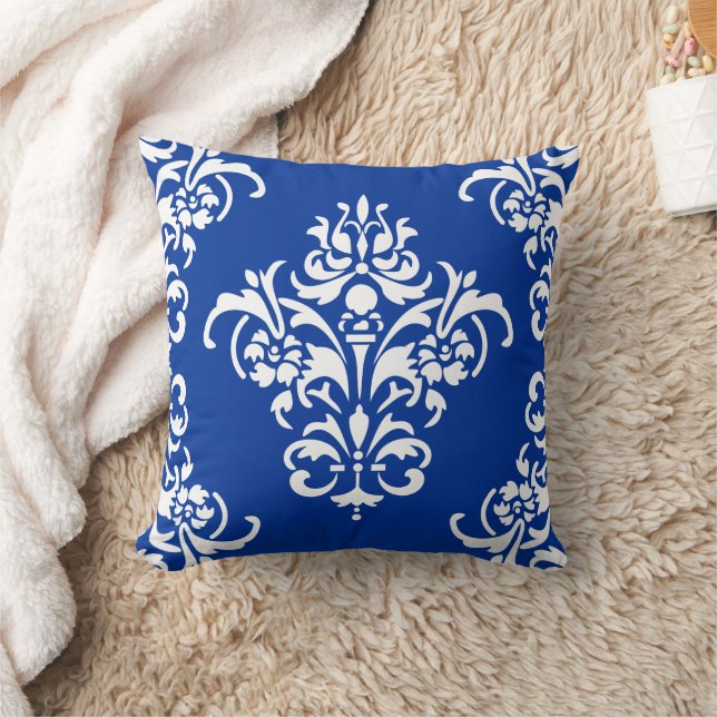 Coussin Elégant Royal Bleu et Blanc Damas (Couverture)