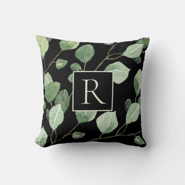 Coussin Élégant Sage Green Monogram Feuilles (Recto)