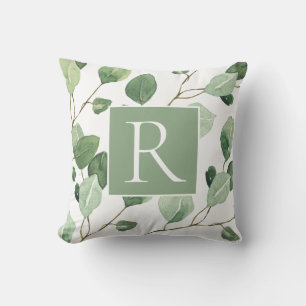 Coussin Élégant Sage Green Monogram Feuilles
