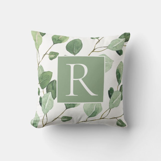 Coussin Élégant Sage Green Monogram Feuilles (Recto)