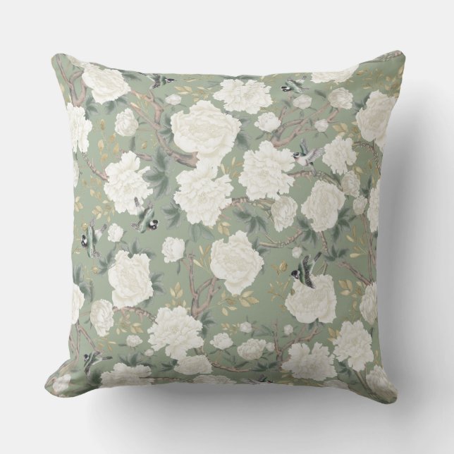 Coussin Elégant Sage Vert Blanc Chinoiserie Fleurs Oiseaux (Recto)