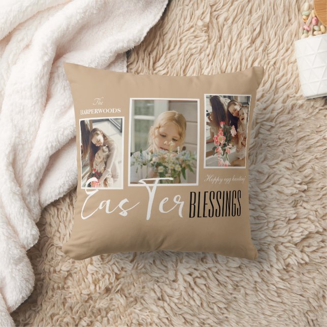 Coussin Élégant Script Joyeuses Pâques Famille Trois Photo (Couverture)