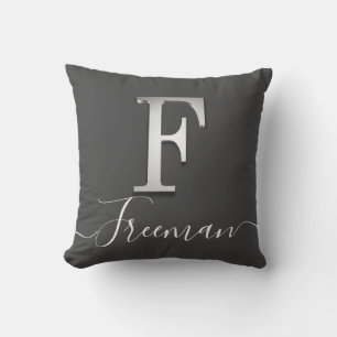 Coussin Élégant Silver Personnalisé Monogramme F Nom Jeter