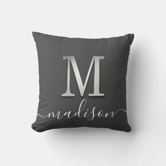 Coussin Élégant Silver Personnalisé Monogramme M Nom (Recto)