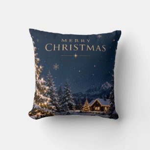 Coussin Élégant style de pins enneigés de Noël bleu minuit