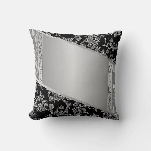 Coussin Élégant Style Noir Argent Tourbillons (Recto)