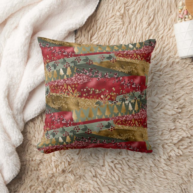 Coussin Élégant Style Rouge Vert Pailleté Or Noël (Couverture)