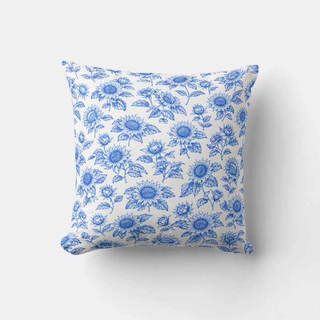Coussin Elegant Toile du Jouy Sunflowers – Blue Botanical  (Recto)