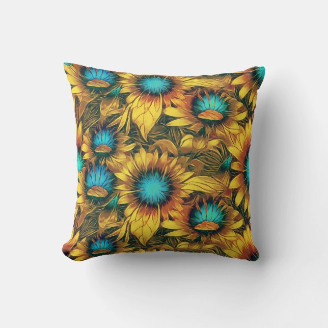 Coussin Elégant Tournesol Jaune Turquoise Floral (Recto)