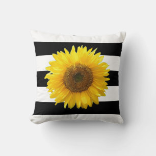 Coussin Elegant tournesol sur jeté en rayures noires et bl