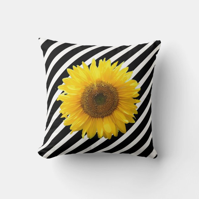 Coussin Elégant tournesol sur noir & blanc rayé (Recto)