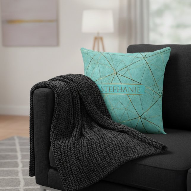 Coussin Elégant Turquoise et Or Abstrait moderne (Créateur téléchargé)