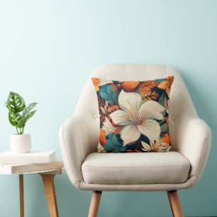 Coussin Élégant Turquoise Orange Flower Motif Floral