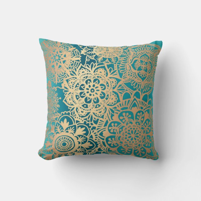 Coussin Élégant Turquoise Vert or Mandala Motif (Recto)