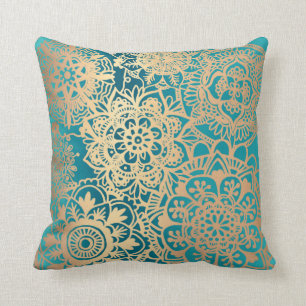 Coussin Élégant Turquoise Vert or Mandala Motif