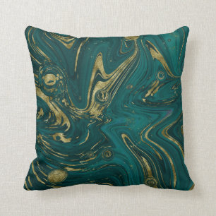 Coussin Élégant Turquoise Vert & Or Marbre Swirl  