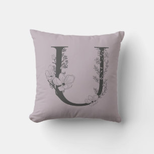 Coussin Élégant U Boho Floral Monogramme Initial Lilac Gri