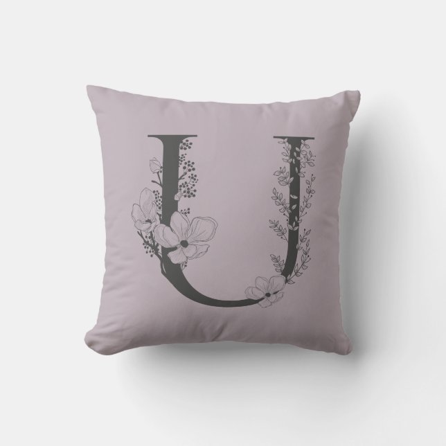 Coussin Élégant U Boho Floral Monogramme Initial Lilac Gri (Recto)