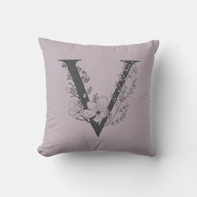 Coussin Élégant V Boho Floral Monogramme initial Lilac Gre (Recto)
