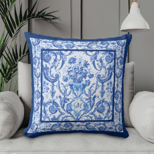 Coussin Elégant vase floral Bleu toile de jouy monogramme