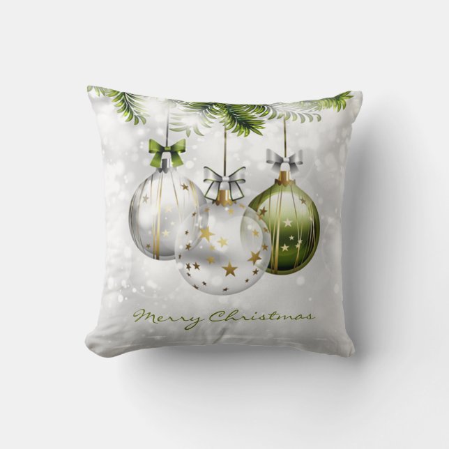 Coussin Élégant Vert Argent Or Ornements de Noël (Recto)