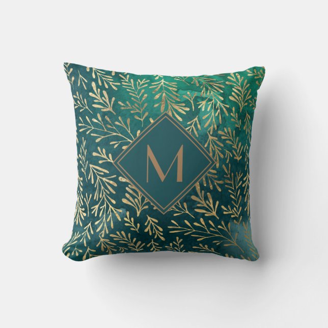 Coussin Élégant vert émeraude avec Monogramme Feuille or (Recto)