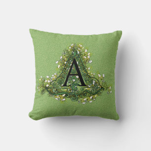 Coussin Élégant vert Vintage Floral initial Un monogramme