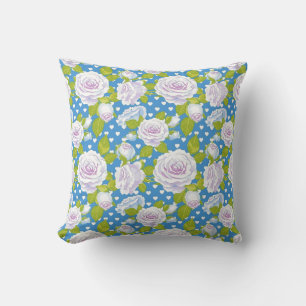 Coussin Élégant Vintage Bleu Floral Rose Charmant Coeur