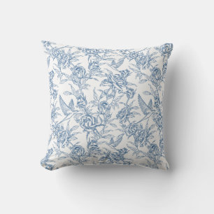 Coussin Élégant Vintage Bleu Floral Toile de Jouy Français